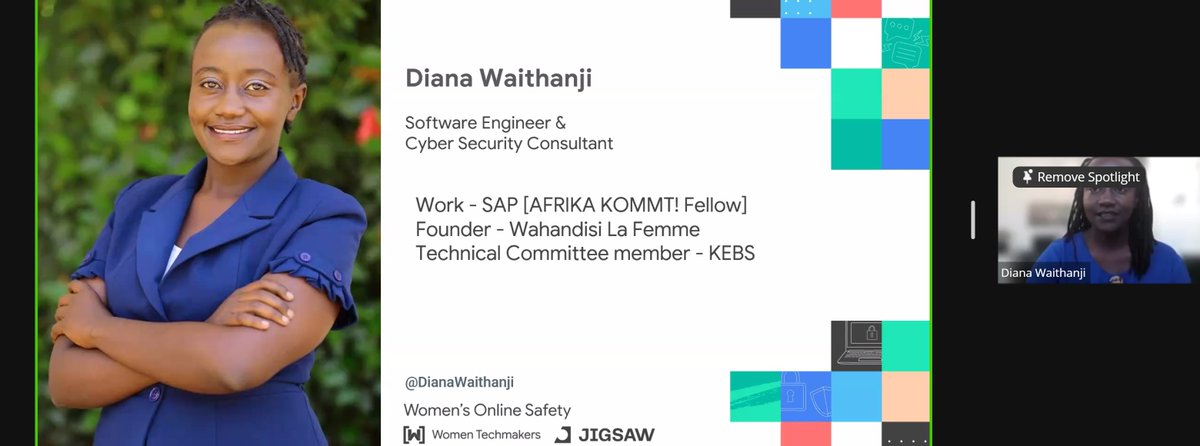 WTMNairobi's tweet photo. And We are on, our first speaker @DianaWaithanji
Learning alot on the laws that protect us.
#WomenTechmakersHackathon
#WomenTechmakers
@WomenTechmakers https://t.co/4MmZppG1JO
