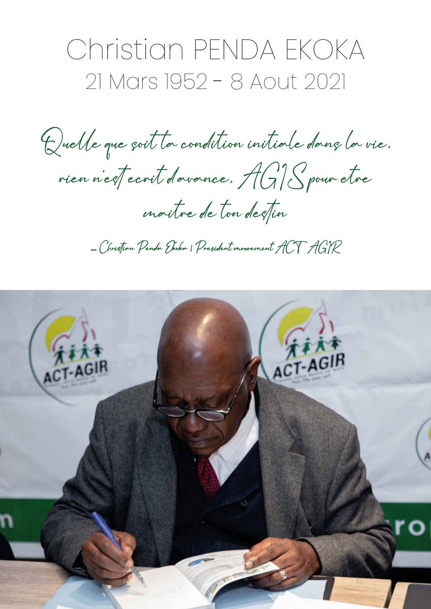 LES SOIRÉES HOMMAGES AU PRÉSIDENT DU MOUVEMENT AGIR-ACT 

👉🏽 Mardi, 24 août 2021 à la résidence de PENDA EKOKA sis au quartier Ngousso à Yaoundé dès 18h.

👉🏽 Jeudi, 25 août 2021 à la résidence de PENDA EKOKA à l'hôpital de district de Deido à Douala. 

<a href="/EkokaPenda/">Christian Penda Ekoka</a>