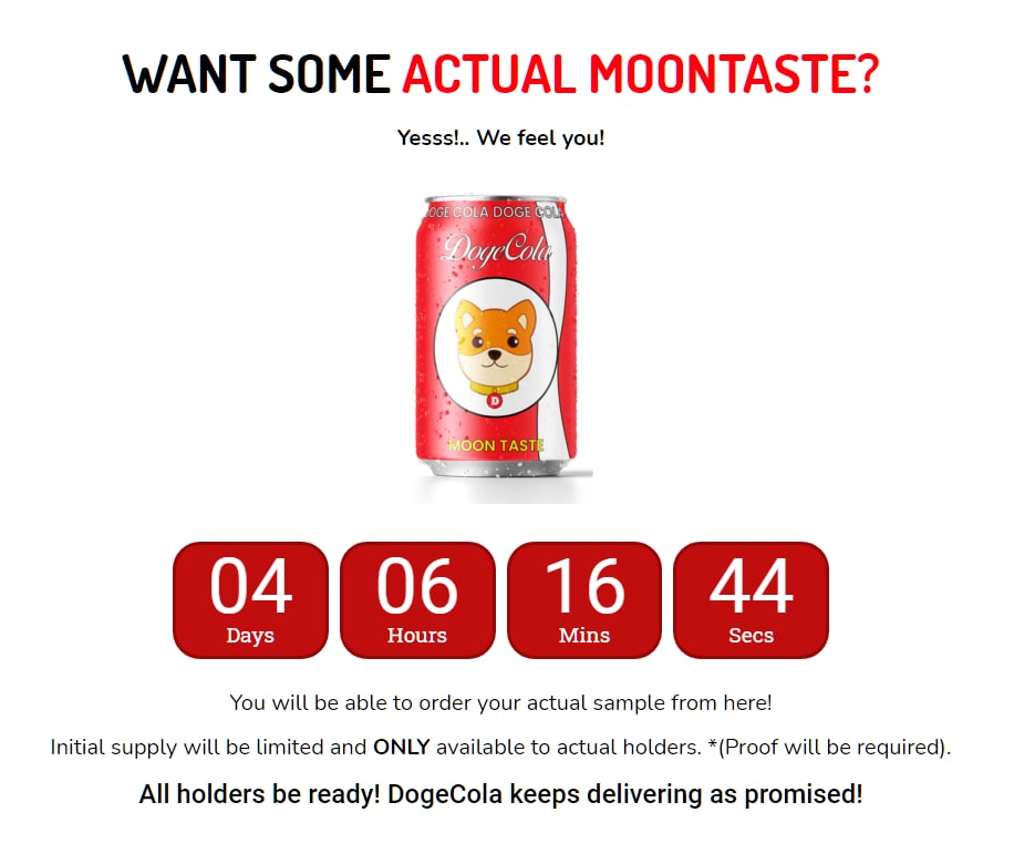doge_cola's tweet photo. All #Moontaste holders be ready! 

Holders will be able to order their actual #DogeCola sample at https://t.co/29ZhGFSRat

This is part of crypto history and @doge_cola keeps delivering as promised!

Drink #DogeCola, drink #MoonTaste 🥰🥤🐕 https://t.co/Zx3eAFoZdp