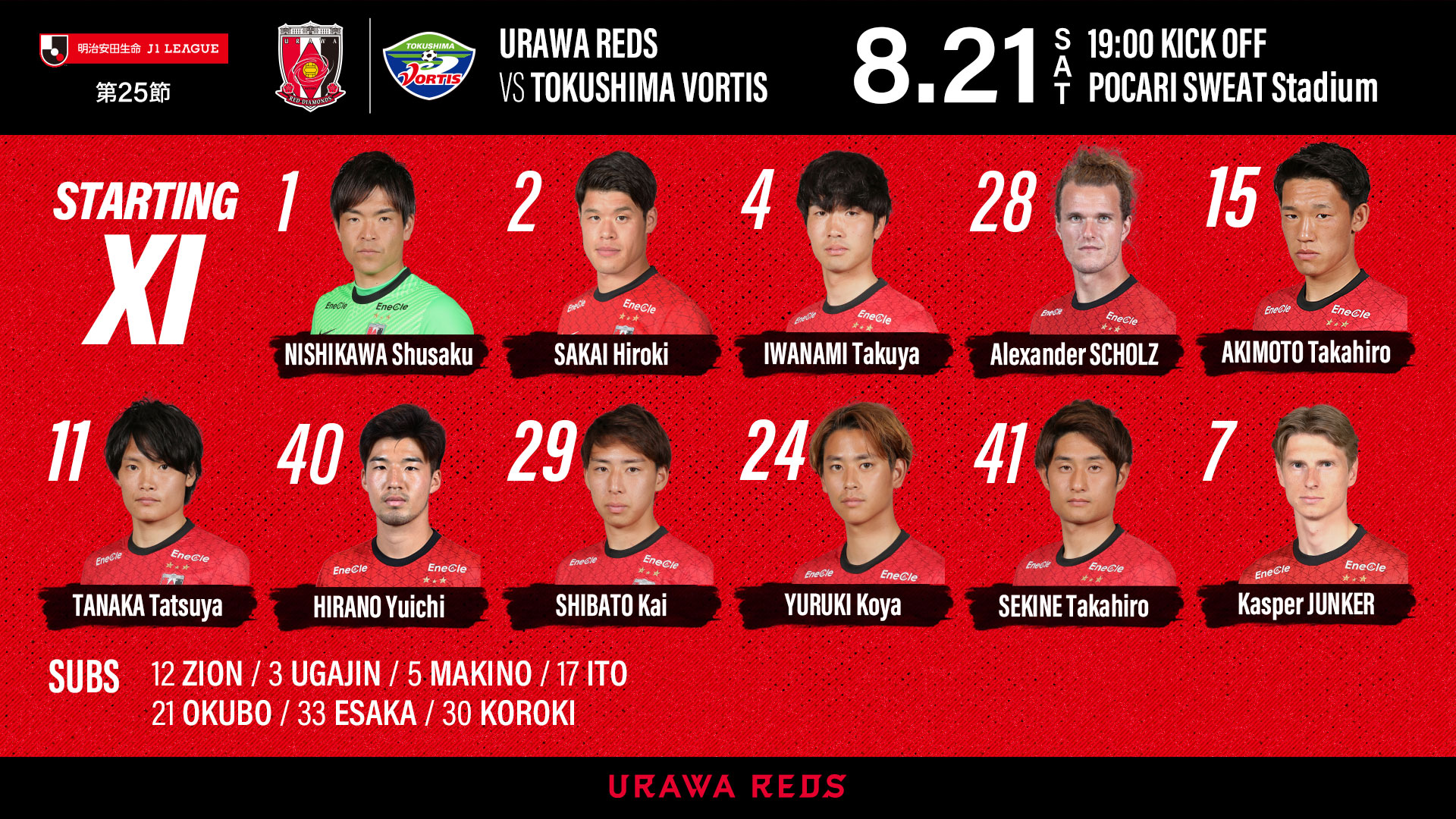 浦和レッズオフィシャル 徳島戦スターティングメンバー Gk 西川 Df 酒井 岩波 ショルツ 明本 Mf 田中 平野 柴戸 汰木 Fw 関根 キャスパー Sub 彩艶 宇賀神 槙野 伊藤 大久保 江坂 興梠 Urawareds 浦和レッズ Wearereds Jリーグ