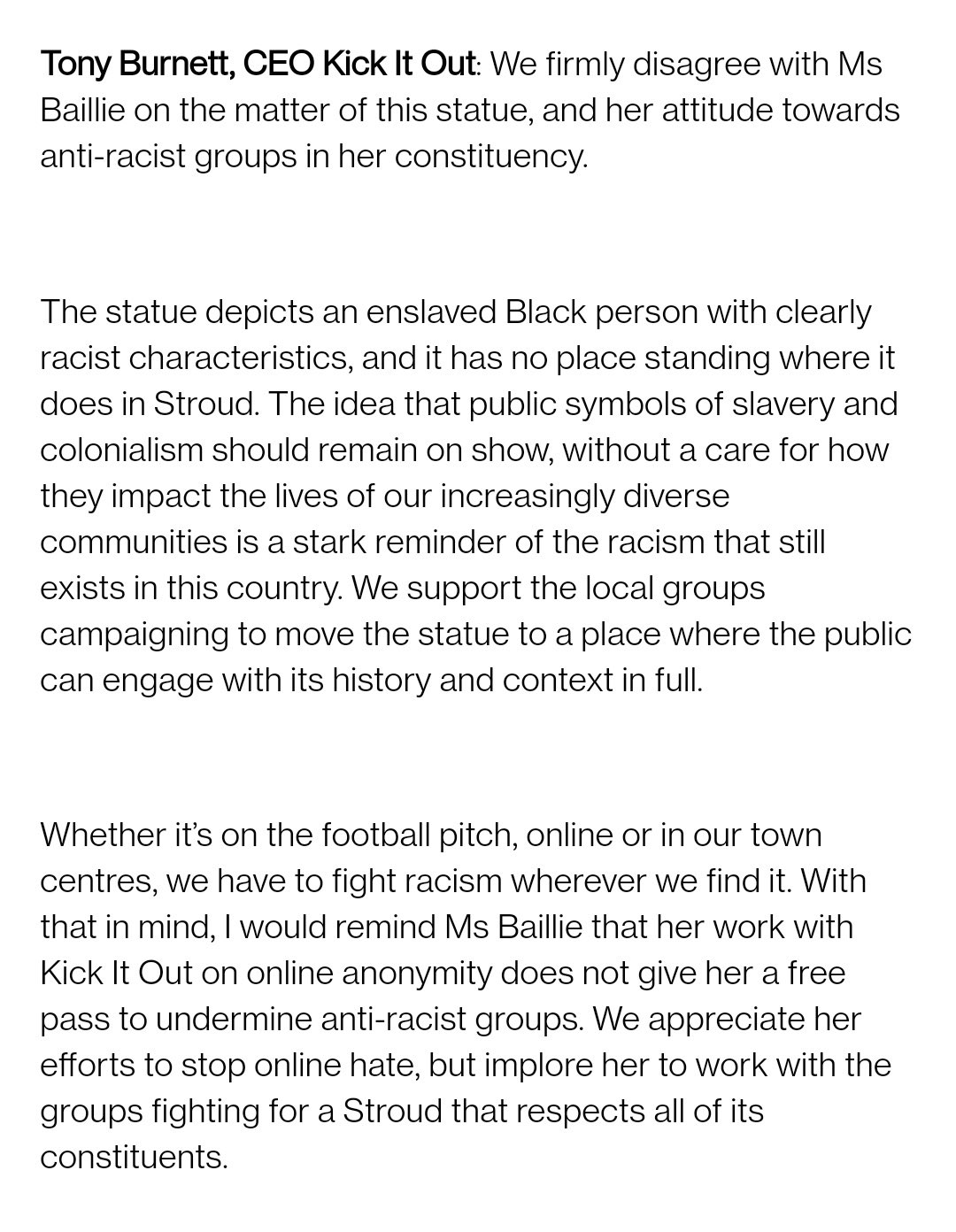 Stroud Against Racism Tony Burnett Ceo Kick It Out Responds To Stroud Mp S Siobhan Baillie Regarding Her Claims To Be Working With Kio To Tackle Racist Abuse After She Used