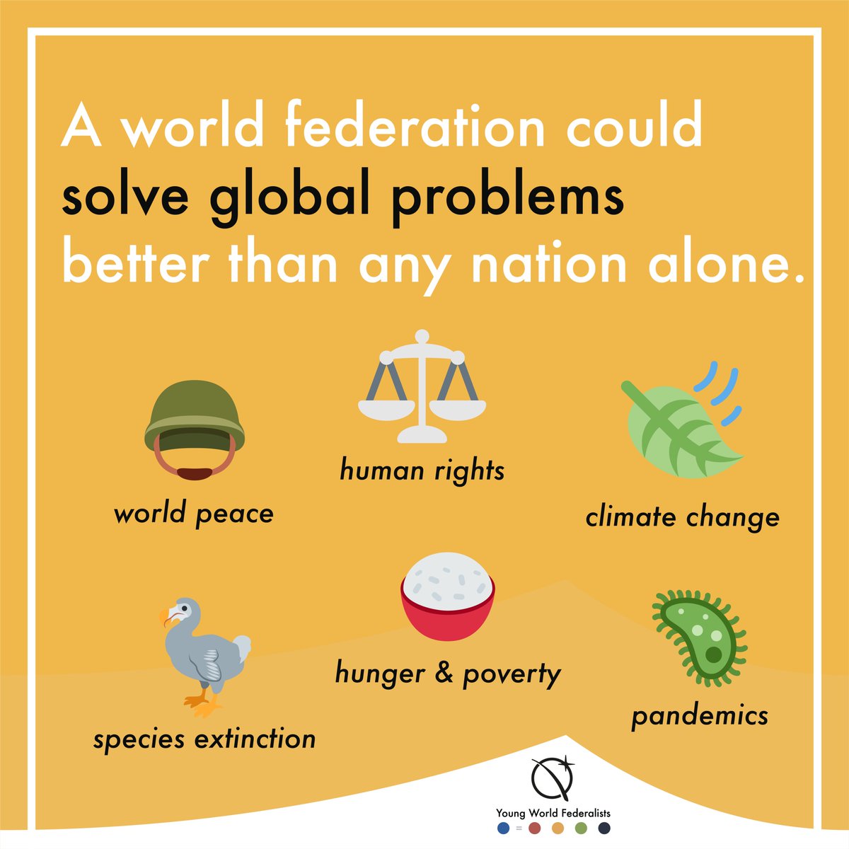 A world federation could solve #globalproblems better than any nation alone:
🪖#worldpeace, ⚖️#humanrights, 🍃#climatechange, 🦤#speciesextinction, 🍚#hunger & #poverty, 🦠#pandemics
