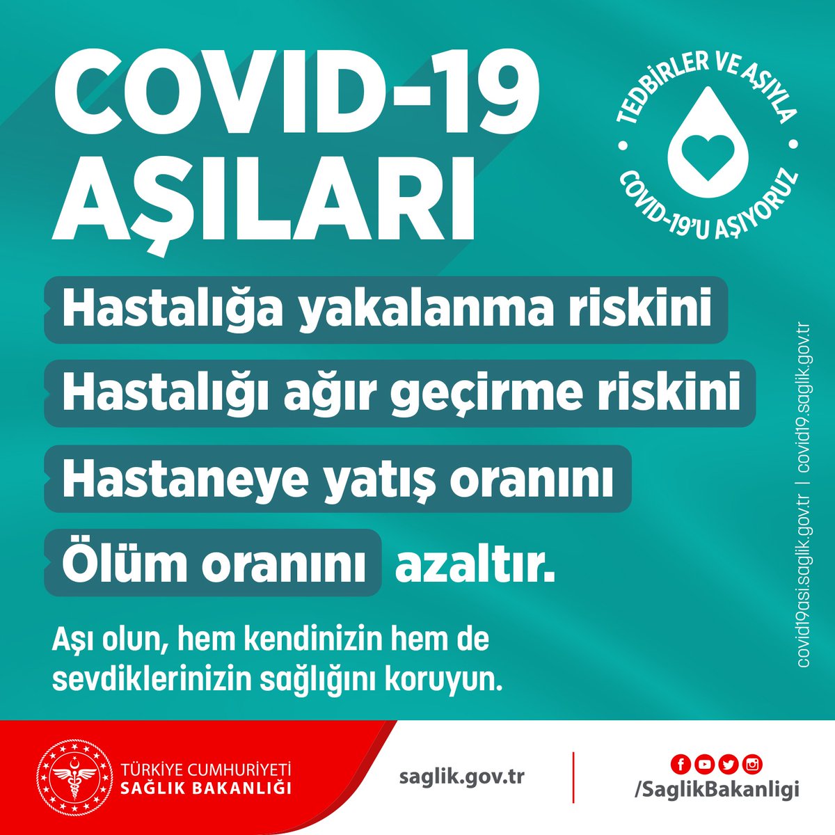 COVID-19 Aşıları
- Hastalığa yakalanma riskini,
- Hastalığı ağır geçirme riskini,
- Hastaneye yatış oranını,
- Ölüm oranını azaltır.
Aşı olun, hem kendinizin hem de sevdiklerinizin sağlığını koruyun.
Bilgi için ➡️ covid19asi.saglik.gov.tr
#COVID19Aşısı
