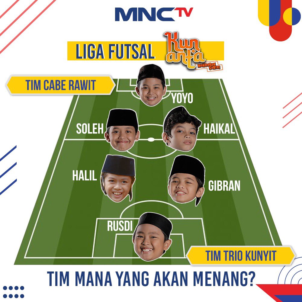 Official_MNCTV's tweet photo. Ayeey.. ayeey.. Liga Futsal Kun Anta dimulai!! 🤩 Ini dua tim yang akan bertanding malam ini. Kira-kira tim mana yang akan menang yah ? Cabe Rawit atau Kunyit ? 🏅
•
Saksikan keseruannya di #KunAntaMendadakSantri Malam Ini pukul 19.30 WIB hanya di MNCTV. https://t.co/bgIbGQqixp
