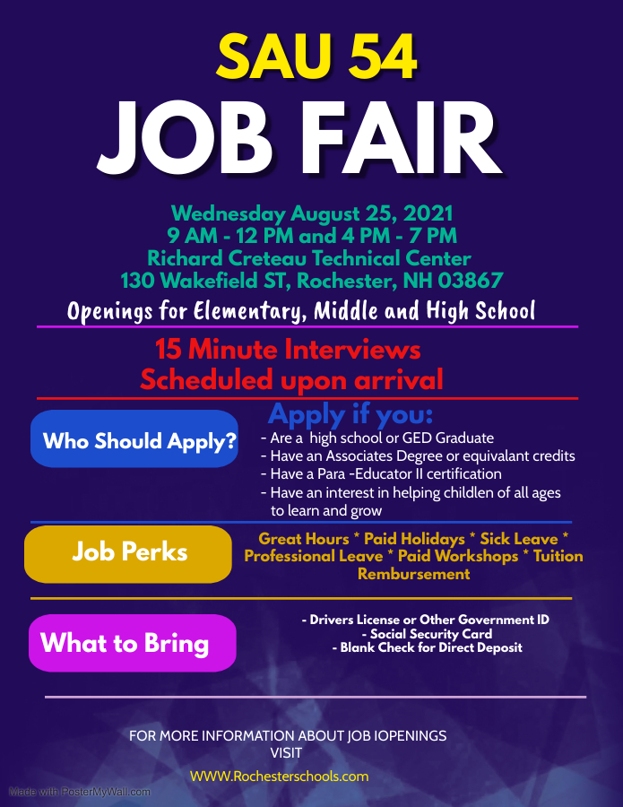 ChmStSchool's tweet photo. The Rochester School Department is hosting a job fair for entry level positions. We would love to see you there if you are interested in helping kids of all ages! https://t.co/DMd3kfahUy