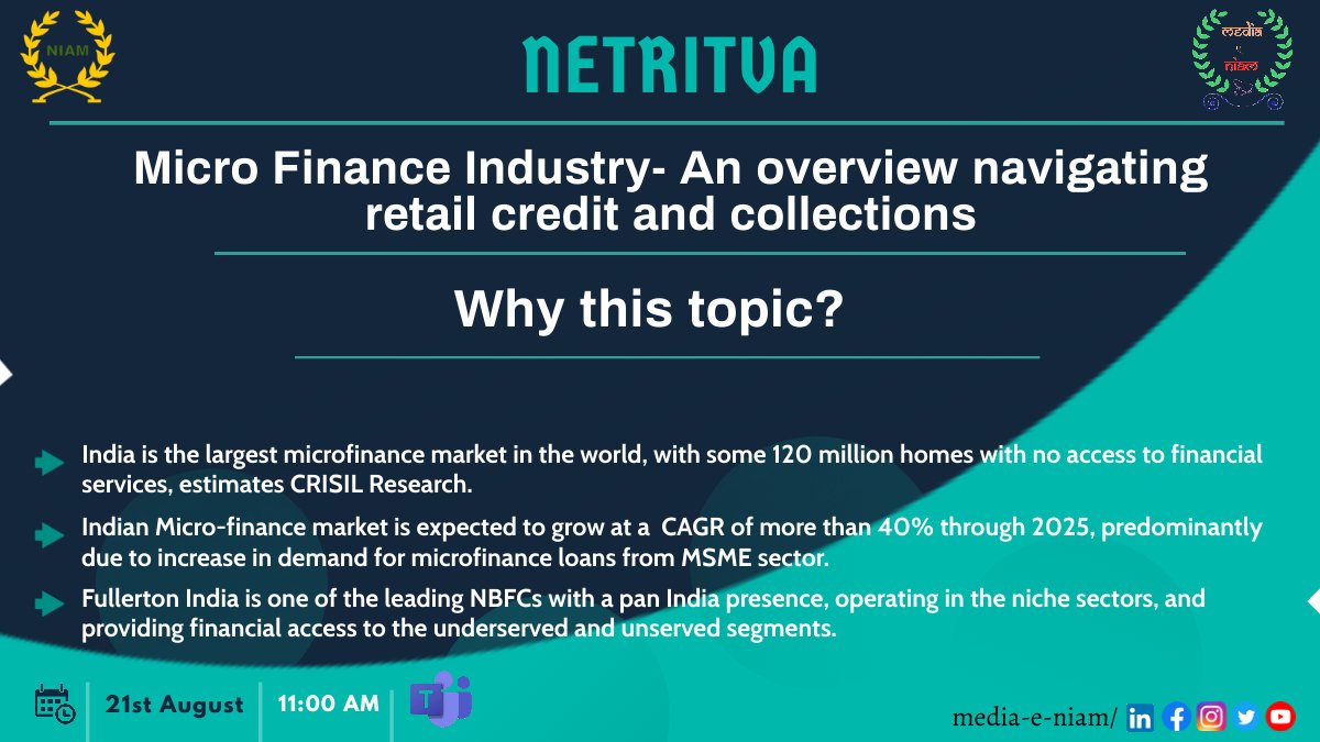mediaeniam's tweet photo. CCS National Institute of Agricultural Marketing (NIAM), Jaipur is privileged to welcome Mr. Vishal Wadhwa, EVP - Head of Rural Business, Fullerton India Credit Company Limited for Netritva, the Lecture series on 21st August, 2021
#Netritva #guestlecture #niamjaipur #pgdmabm #abm https://t.co/VzxrcToBrb