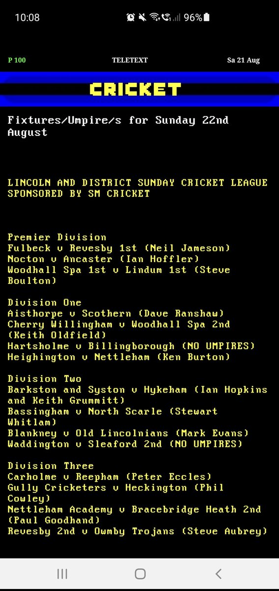 Fixtures and Umpire/s for Sunday 22nd August.