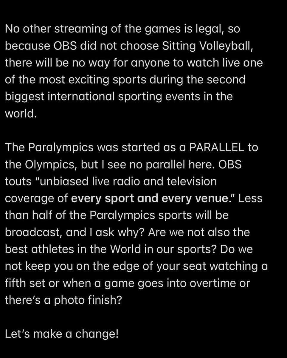 ParaVolley's tweet photo. Let’s make our voices heard. Let’s make the Paralympics a household name.

Sitting volleyball at #Tokyo2020 will begin on 27 August, but broadcast coverage will NOT be available until after the 30th. That means the world will miss almost the ENTIRETY of the preliminary rounds. https://t.co/Q9LhWAwPD2