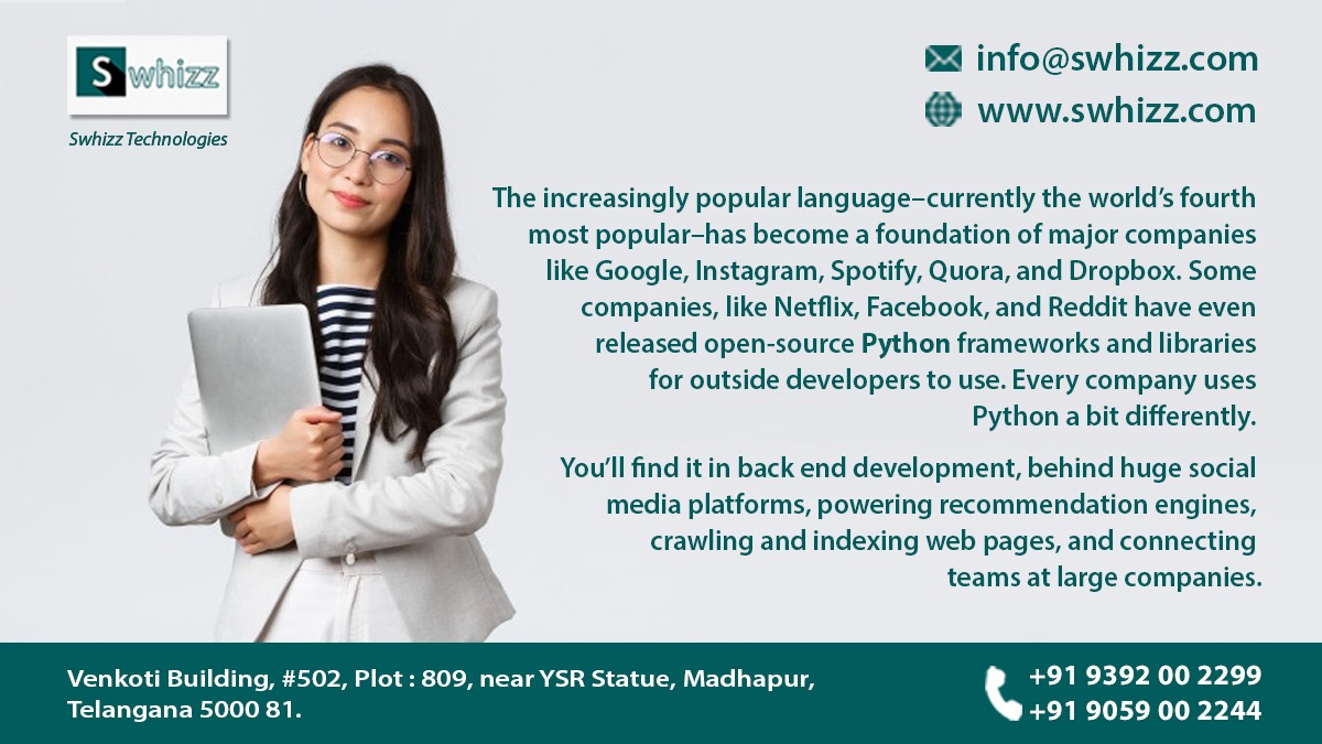 Swhizzofficial's tweet image. The increasingly popular language–currently the world’s fourth most popular–has become a foundation of major companies like Google, Instagram, Spotify, Quora, and Dropbox.
Contact Us:9392002299 | 9059002244
#Python #Python_Course #Python_Training #Python_Training_With_Job