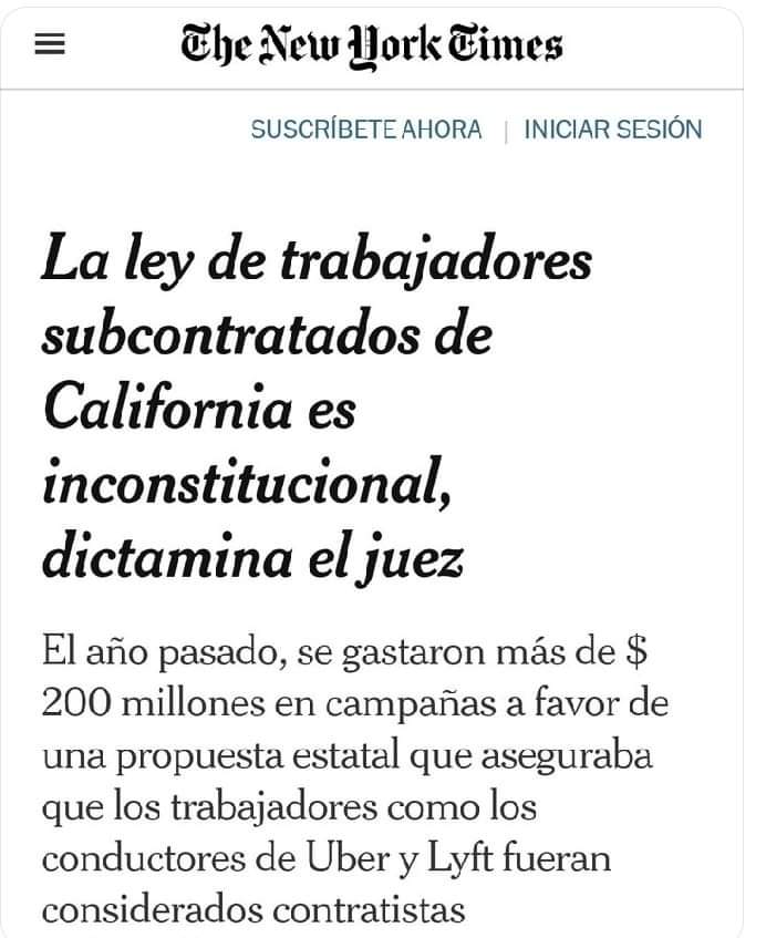 Elite_TaxiBcn's tweet photo. La Proposición 22, que salió adelante en California gracias a una masiva campaña de propaganda y desinformación por parte de Uber en la que se gastaron más de 200 millones de dólares y que clasificaba a los trabajadores como autónomos, acaba de ser declarada inconstitucional. https://t.co/Pl2MQd4vQT