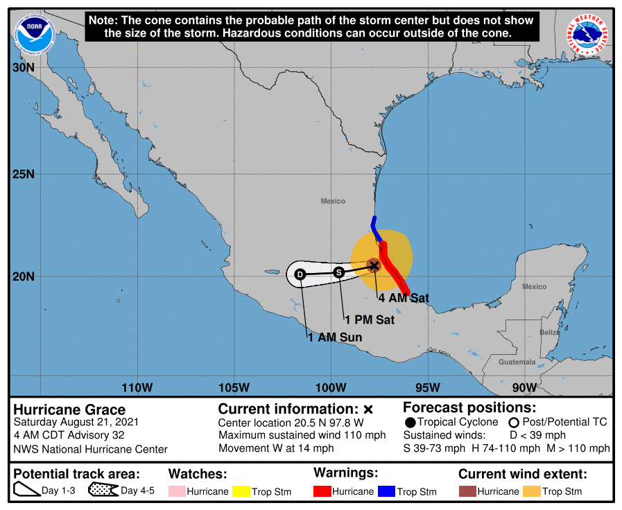 Sismoalertamex's tweet photo. 🌀Aviso meteorológico especial I Huracán #Grace se degrada a huracán categoría 2 y actualmente se encuentra a 75 km al suroeste Tulancingo, Hidalgo. https://t.co/FuiogSQpYM
