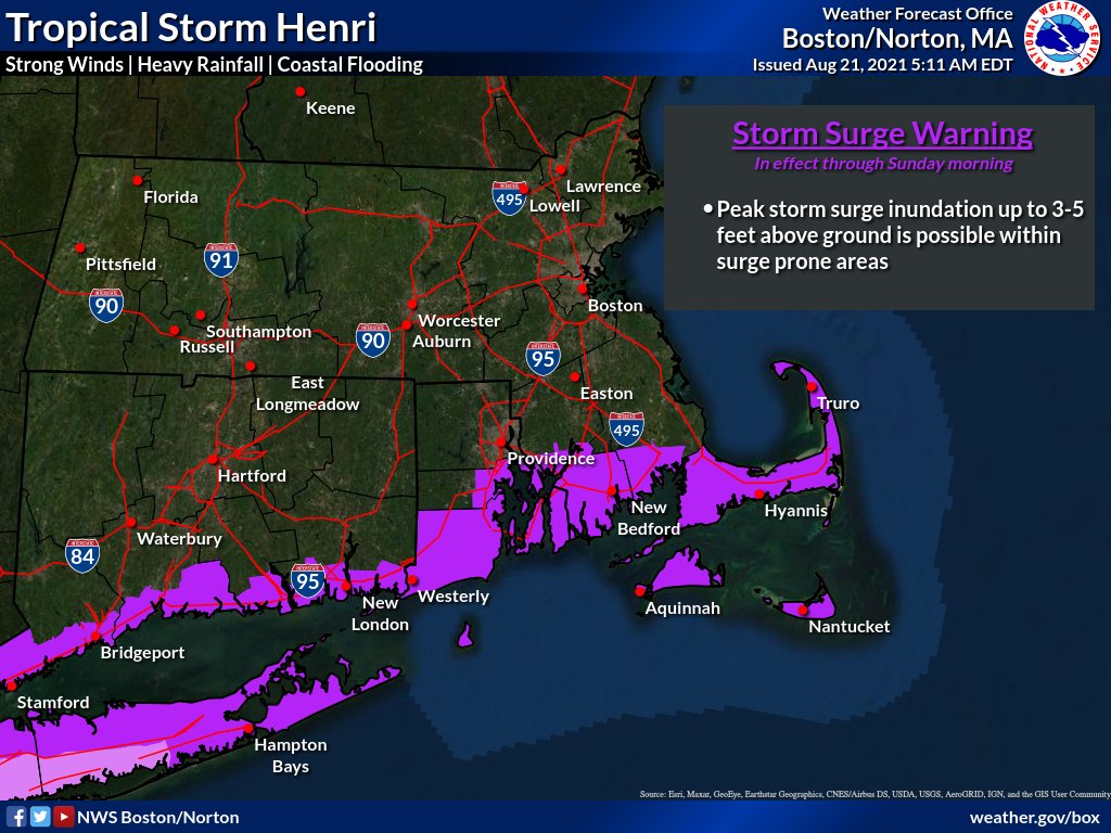 NWSBoston's tweet image. [530 AM Saturday Update] #Henri will make landfall near eastern LI ~ 2pm Sunday. A Flood Watch, Hurricane Warning, Tropical Storm Warning, and Storm Surge Warning are all in effect. See images below for details --&amp;gt; #MAwx #RIwx #CTwx [1/2]