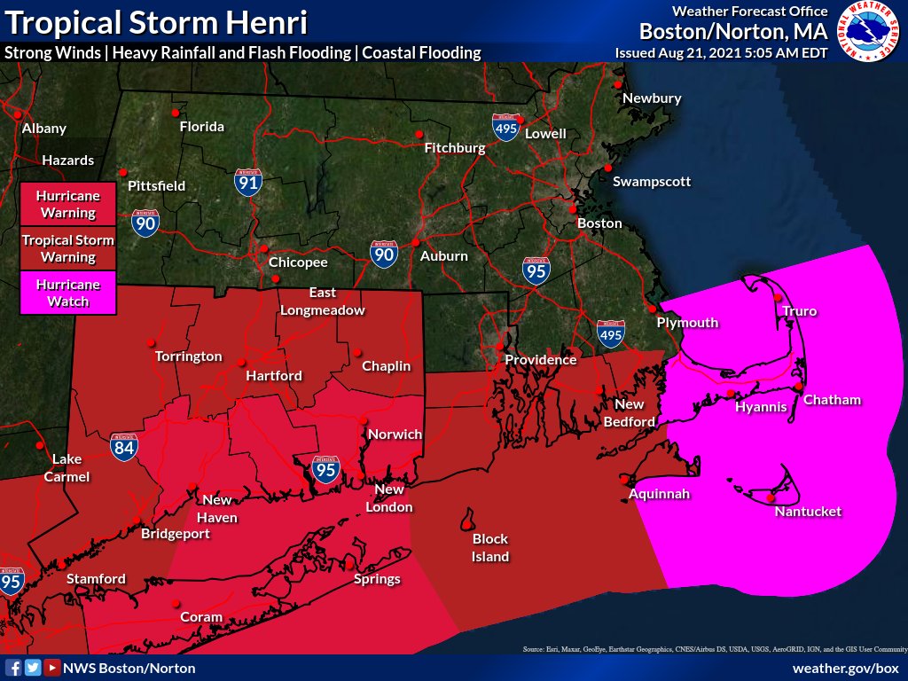 NWSBoston's tweet image. [530 AM Saturday Update] #Henri will make landfall near eastern LI ~ 2pm Sunday. A Flood Watch, Hurricane Warning, Tropical Storm Warning, and Storm Surge Warning are all in effect. See images below for details --&amp;gt; #MAwx #RIwx #CTwx [1/2]