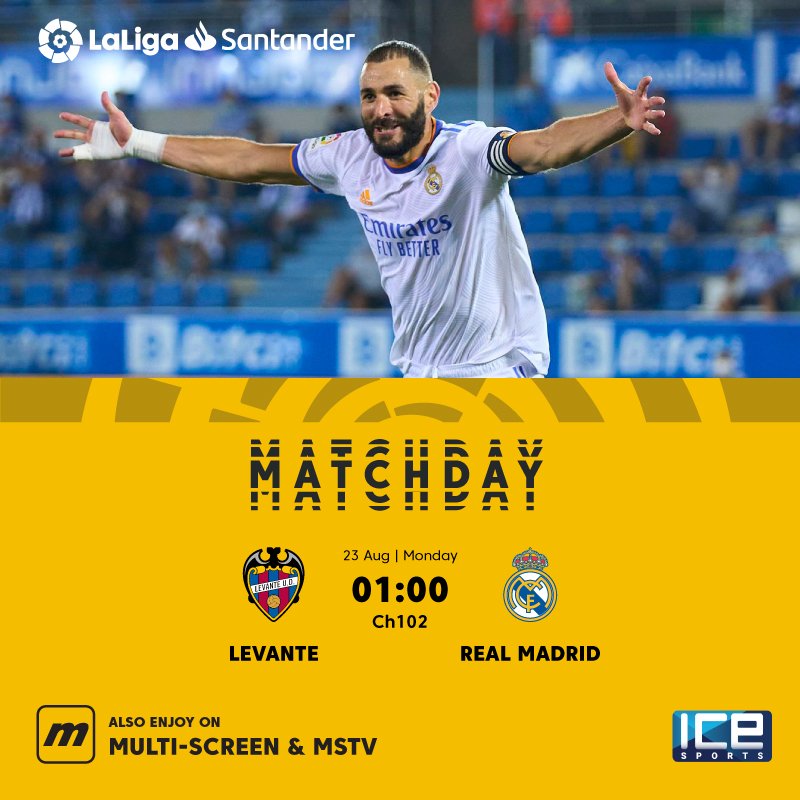 Levante VS Real Madrid
Tune into CH102, ICE Sports, to catch the match. 

You can also enjoy it on Multi - Screen &amp; mstv.