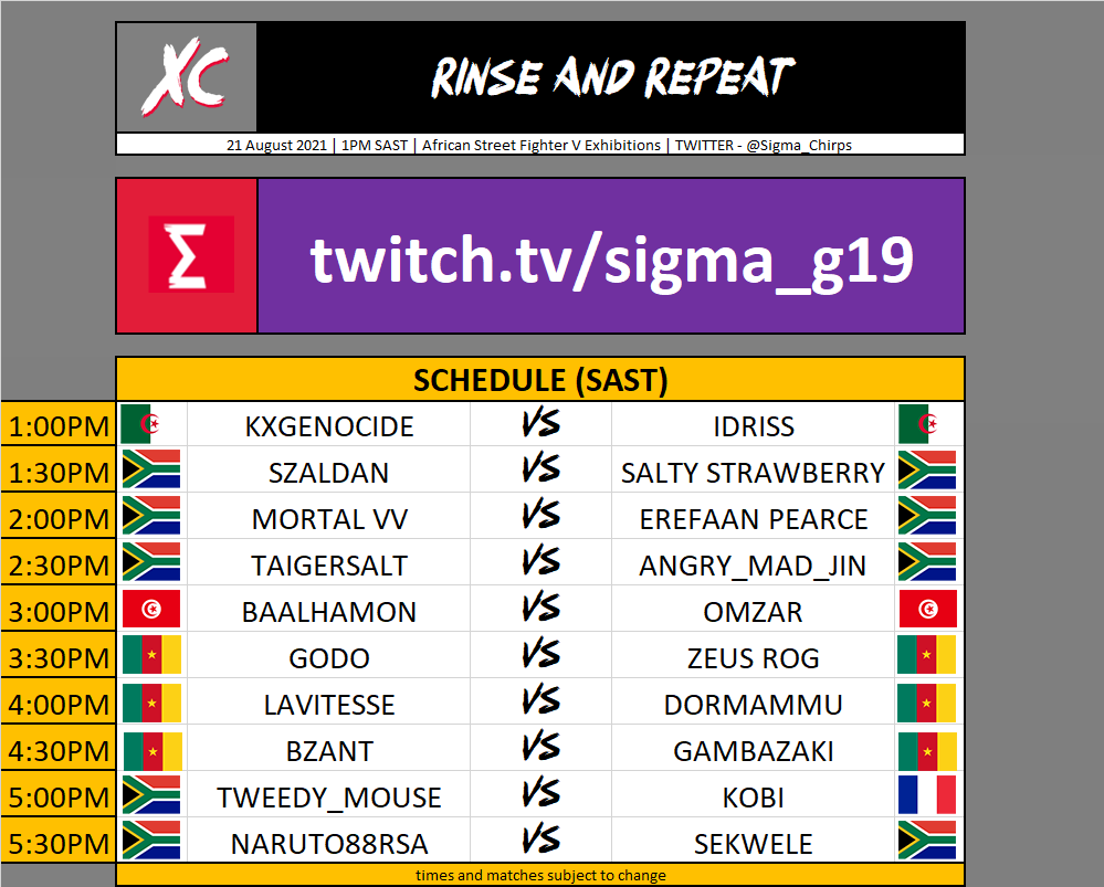 Sigma_Chirps's tweet photo. OK, here is the projected schedule for today's Rinse and Repeat XC. We have some super strong players lined up! They are playing a FT7 in SFV. There is also some SF4 and SF3 action! So let's hope everything goes according to plan! I'll see you lot at 1PM🙌 https://t.co/6jCFc7VRJ2