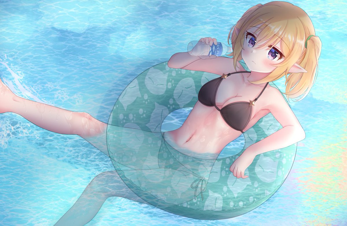 前描いてた黒ビキニクロエ君 実は横長な構図だったんですよね てれん 絵描き垢のイラスト