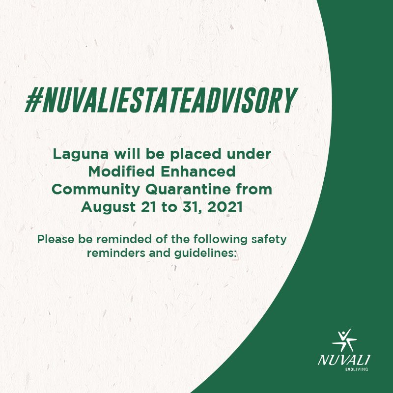NUVALIOfficial's tweet photo. Modified Enhanced Community Quarantine will be implemented in Laguna starting August 21 to 31, 2021. Please be advised of the following health and safety guidelines. 

Source:
https://t.co/JJypJDql8n

Stay safe and healthy, everyone! #NuvaliPH https://t.co/TwmCVtMXx8