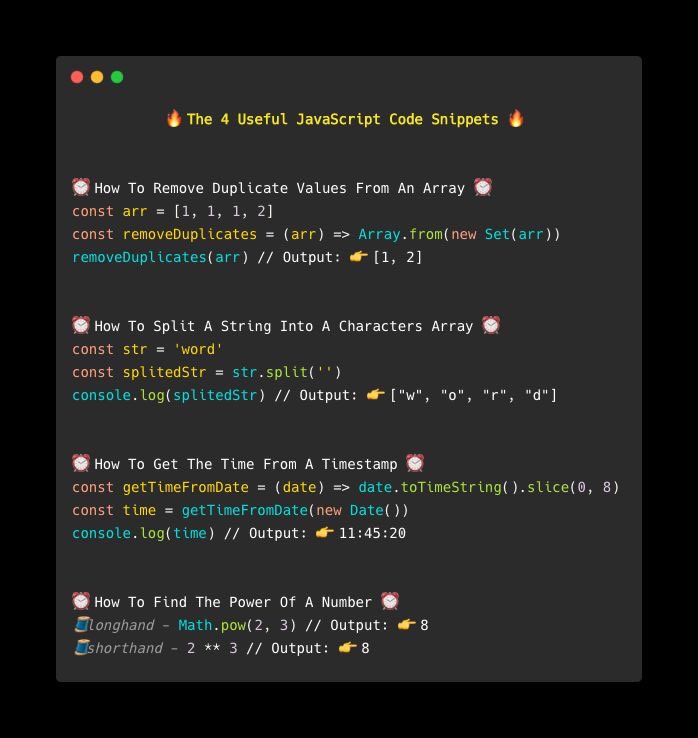 Learn Javascript. 4 useful Javascript code snippet. #javascript #100DaysOfCode #webdevelopment #webdesigner #DEVCommunity #JavaScriptDeveloper