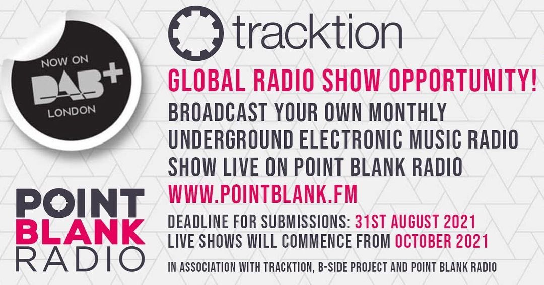 Present your own LIVE underground electronic music monthly 2 hour radio show on <a href="/PointBlankFM/">Point Blank Radio</a> email RADIO@TRACKTION.COM
to request entry form &amp; tech spec requirements by 31st August 2021! #RadioShow #LiveRadio #PointBlankRadio #Broadcasting