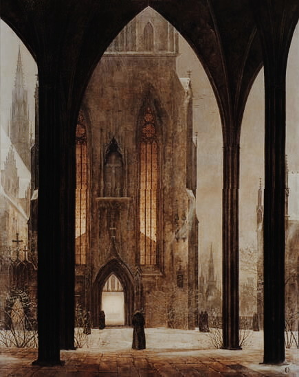 Ruins of the Oybin Monastery, Caspar David Friedrich.

Cathedral in winter (1821), Ernst Ferdinand Oehme.