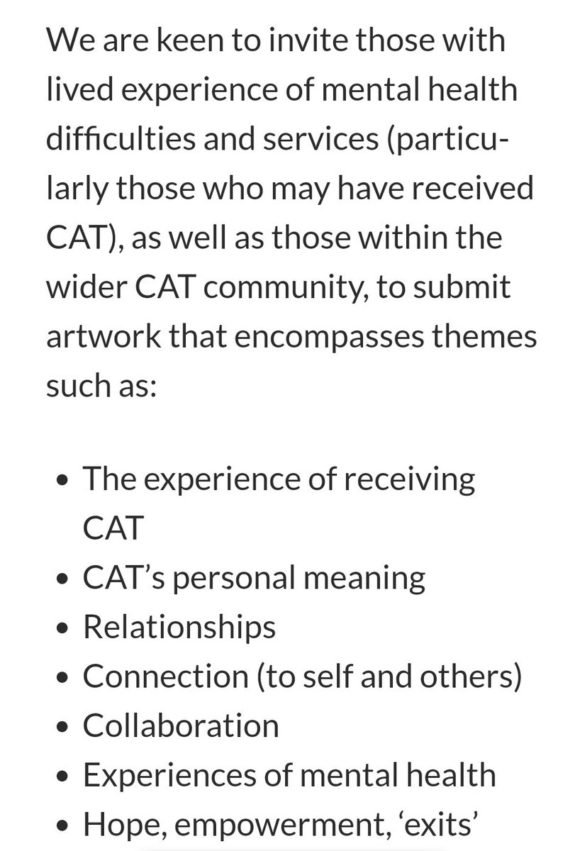 Could your artwork feature in the #OxfordHandbookOfCAT? Its editors are inviting submissions around themes of mental health & #CognitiveAnalyticTherapy