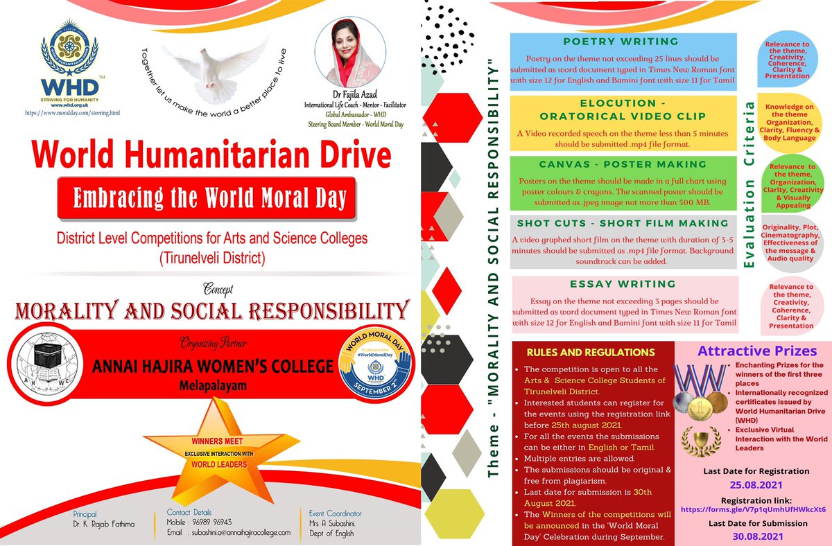 WHDORGUK's tweet photo. Embracing #WorldMoralDay 
#WHD is proudly organising various Art Competitions for Arts &amp; Science College students in Tirunelveli, Tamil Nadu, India, in association with Annai Hajira Women's College to recognise #WorldMoralDay for #2nd_September (Last day of WW2) to United Nations https://t.co/JKxs00jefu