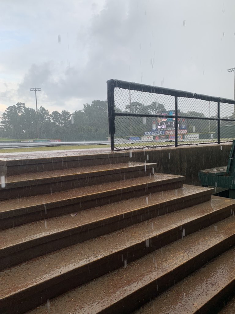 royalduke15's tweet photo. 2 pics from the summer. Rain delay in the dugout. Only true baseball people understand how nice it can be. Rainin’ in BAMA. So I did see water on my vacation. #Calm #nutsbaseball https://t.co/lI7cn0RJCd