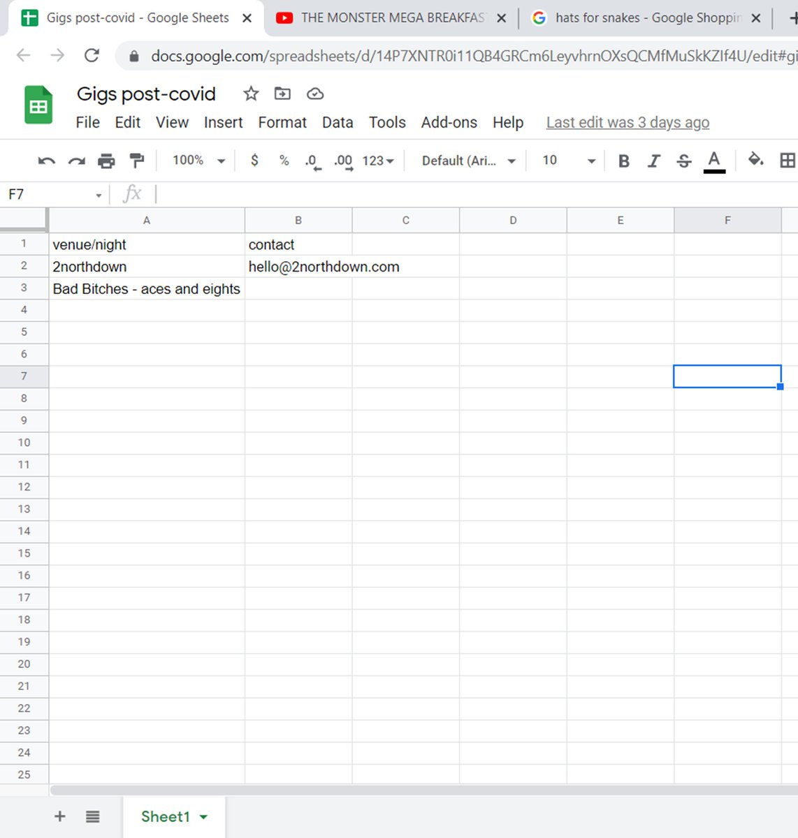excel spreadsheet for gig contacts is going well xox