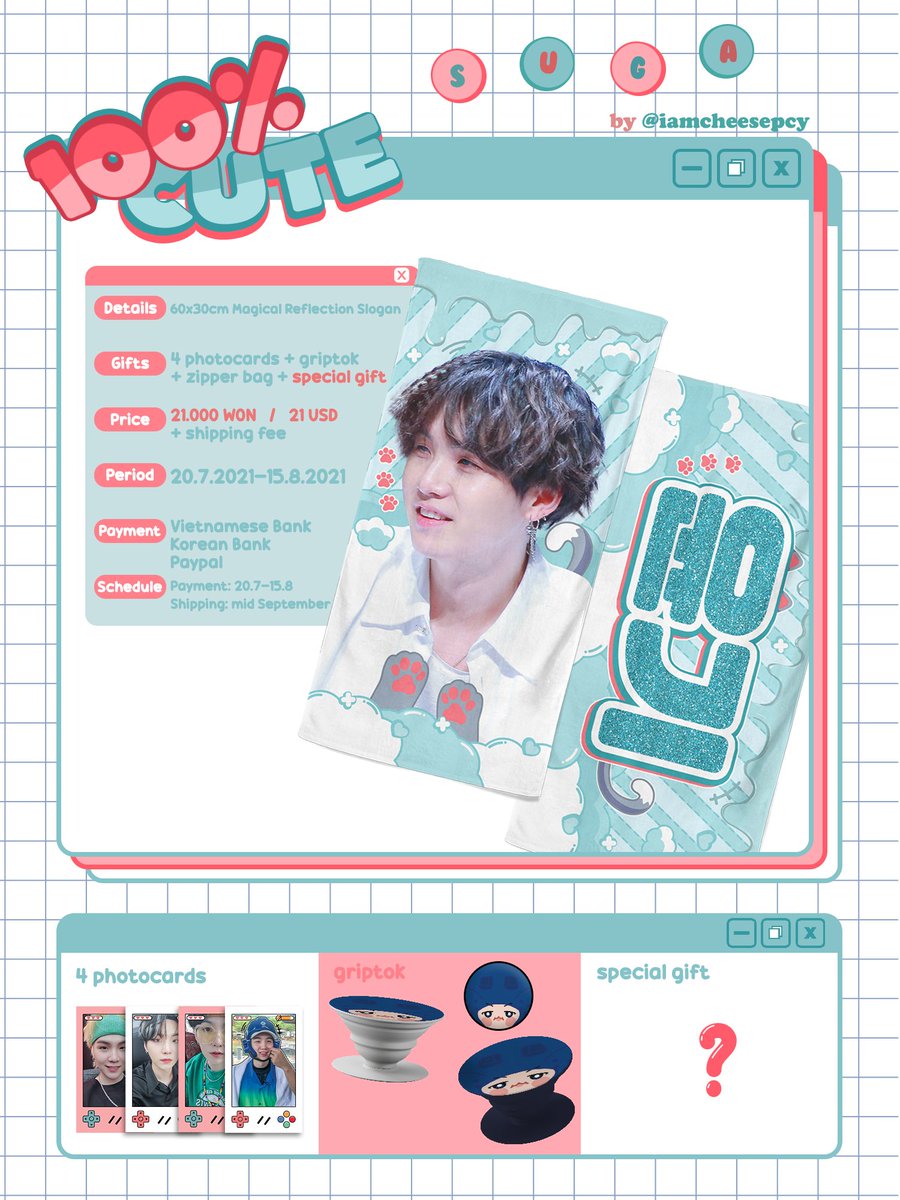 bewitchingsuga's tweet photo. 🇺🇸 USA GO 💕 

2021 SUGA CHEERING KIT 100% CUTE 
@iamcheesepcy
 
⌦ 4 photocards + griptok + zipper bag + special gift
⌦ $22
⌦ 5 slots // room to add more 
⌦ 8.27 @ 9pm pst
⌦ https://t.co/4IHGpr2gt3 https://t.co/QMsR6rc6LF