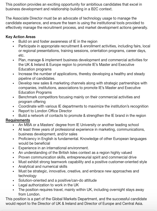 joehas's tweet photo. Sheena Mehta, who is @iebusiness Director for UK &amp; Ireland, at the international office in London has asked to promote this job vacancy. Apply via LinkedIn. https://t.co/DmOCIcAwuO Would be great to see more people from Ireland applying to IE to study in Madrid. https://t.co/TgFb2QjC5P