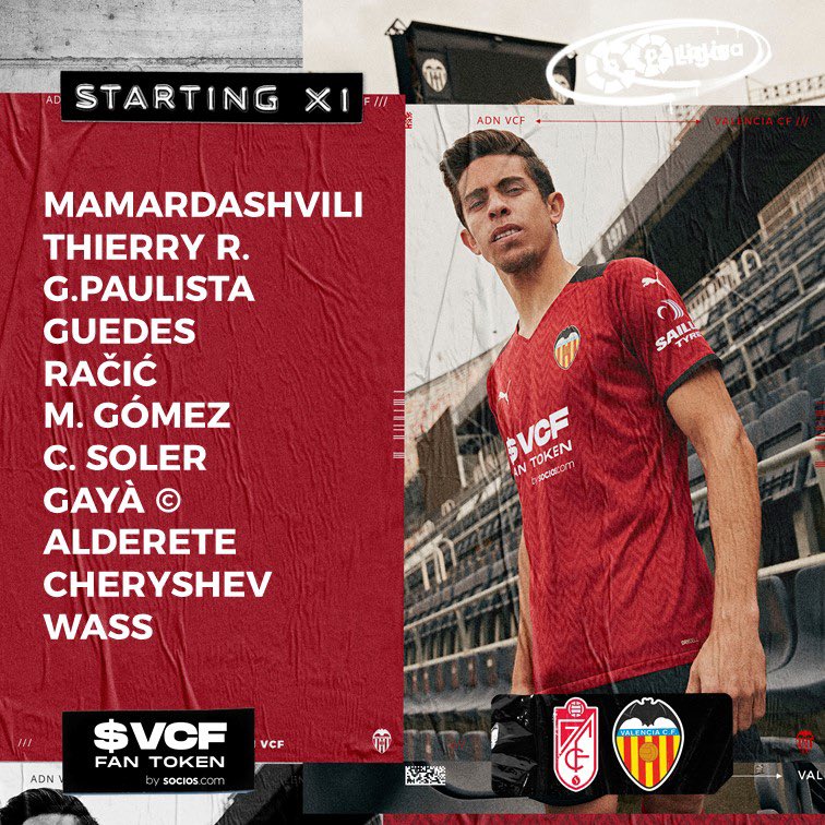 Domingortiz's tweet photo. 🦇 XI del #VCF 🦇

🧤 Mamardashvili
⚔️ Correia, Paulista, Alderete, Gayà
🛡 Racic, Wass, Carlos Soler, Cheryshev
⚽️ Guedes, Maxi Gómez

#granadaVCF #LaLiga https://t.co/NZ6DVXYQUQ