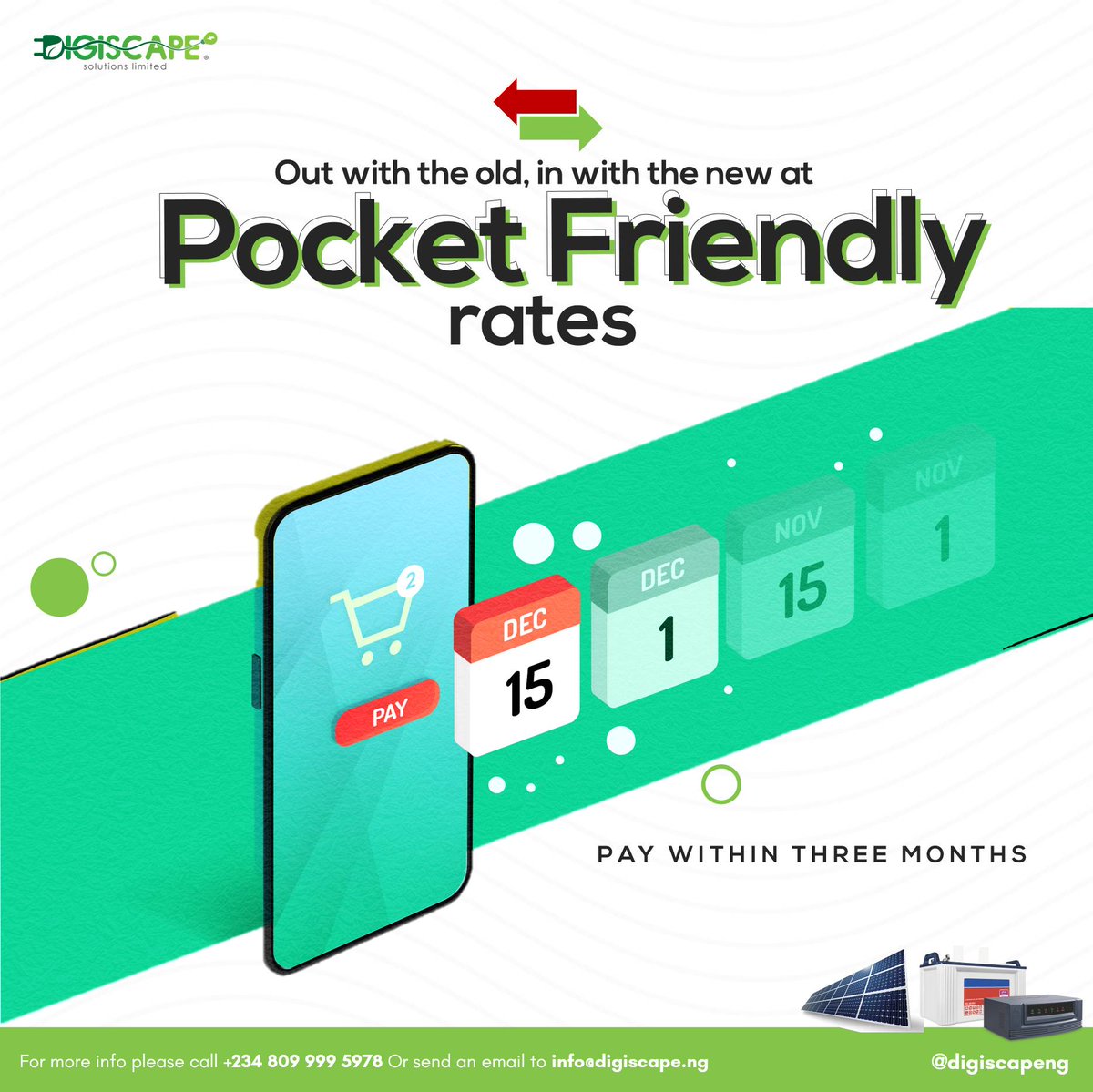 DigiScape Solutions Ltd (@digiscapeng) on Twitter photo Having old and faulty solar batteries can be a real headache. But not to worry, you can replace them at pocket friendly rates and pay within 3 months. 
Send us a DM or contact +234 809 999 5978 to replace those old batteries for new ones with ease
#dotheswitch 
#switchtosolar Having old and faulty solar batteries can be a real headache. But not to worry, you can replace them at pocket friendly rates and pay within 3 months. 
Send us a DM or contact +234 809 999 5978 to replace those old batteries for new ones with ease
#dotheswitch 
#switchtosolar