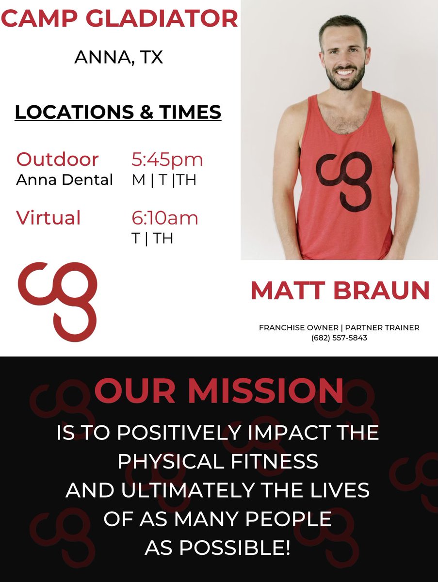 MattDavidBraun's tweet photo. Life update: I’ve become a trainer with @campGladiator and I couldn’t be more pumped. Join me in Anna or virtual on Zoom! 💪🏻 https://t.co/AWoYEpGAeN
