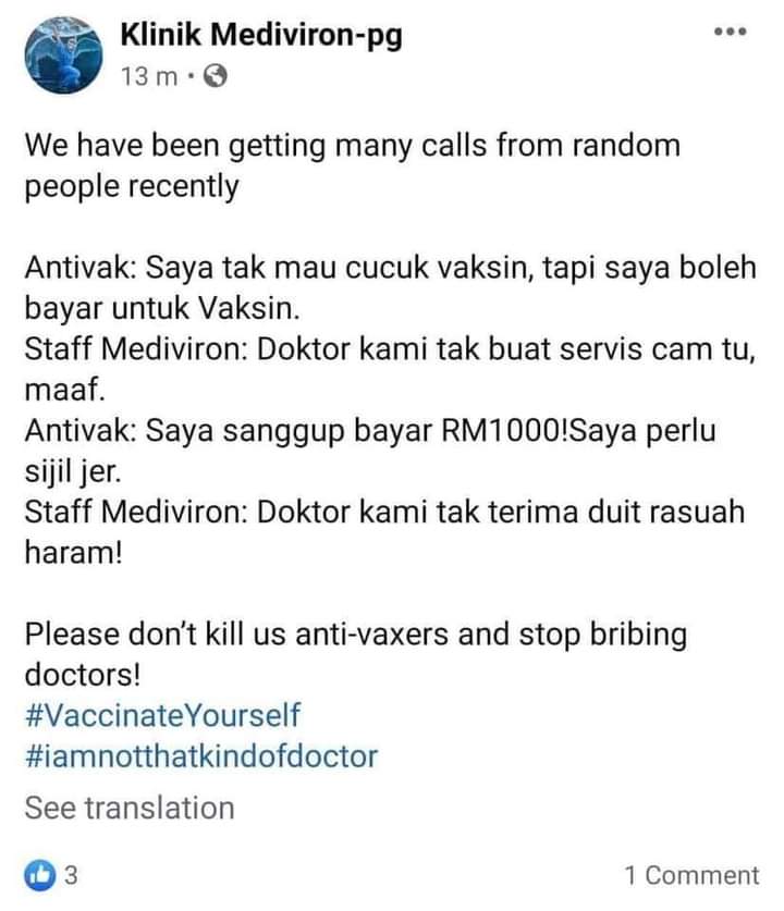amarasyra's tweet photo. Kelako jugak anti vaksin ni. Vaksin haram. Rasuah takde masalah. https://t.co/Vicp1VsMV6