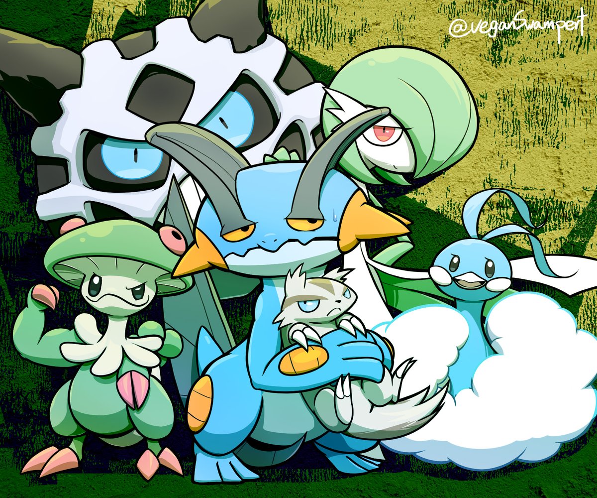 gardevoir pokemon (creature) crossed arms closed mouth red eyes green skin standing green hair  illustration images