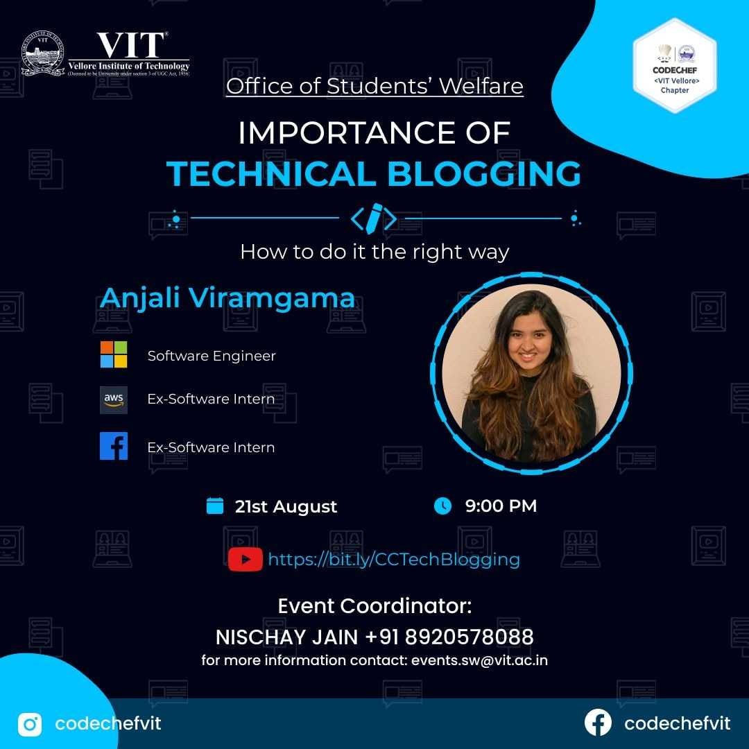 VIT_univ's tweet image. #CodeChefVIT has organized an YouTube Live session on the “Importance of #TechnicalBlogging and How to do it in the right way” by Ms. Anjali Viramgama.

Time: 9:00 PM Onwards
YouTube Link: bit.ly/CCTechBlogging 

#CodeChefVIT
#Coding
#StudentCLubsAndChapters
#TodatAtVIT