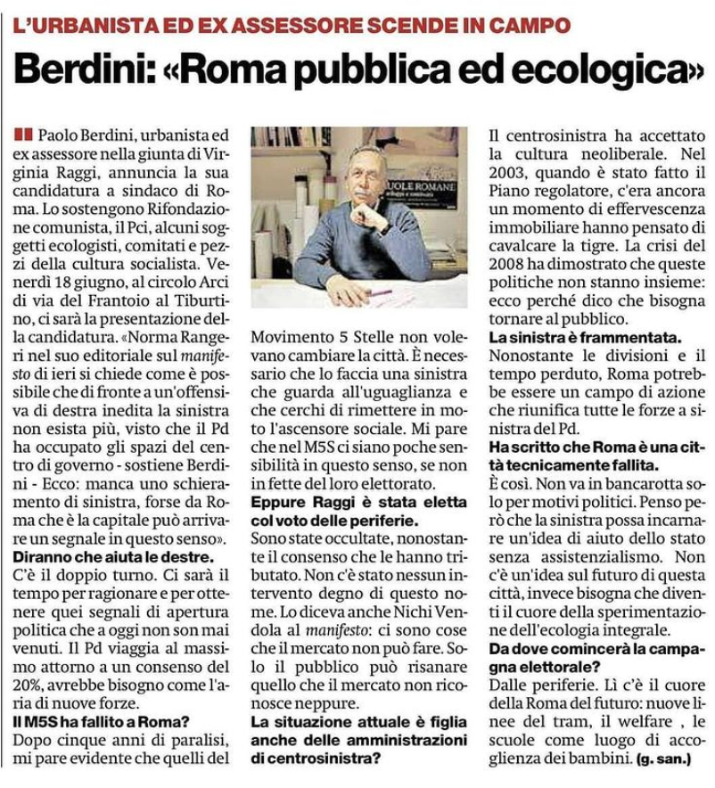 Berdini_Sindaco's tweet photo. L'intervista di Paolo Berdini su @ilmanifesto per il lancio della sua candidatura a sindaco di #Roma.
Per una città solidale, ecologica e moderna!
#BerdiniSindaco #RomaTiRiguarda https://t.co/yMwej3DxGS