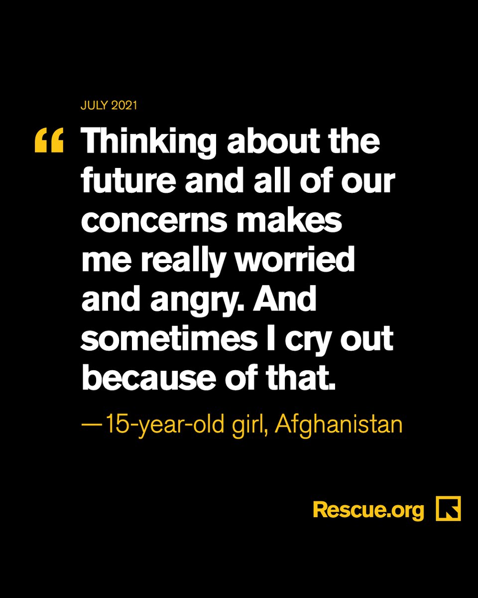 RESCUEorg's tweet photo. In July, @RESCUEorg spoke to teenage girls in #Afghanistan about their futures. Their words weigh heavy in light of the escalating violence, but we can’t turn our backs on them now. Here's how you can help people in #Afghanistan—including women and girls: https://t.co/ohSiBWoQtM https://t.co/6dG8eptsEl