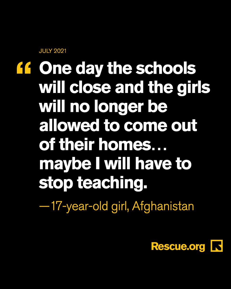 RESCUEorg's tweet photo. In July, @RESCUEorg spoke to teenage girls in #Afghanistan about their futures. Their words weigh heavy in light of the escalating violence, but we can’t turn our backs on them now. Here's how you can help people in #Afghanistan—including women and girls: https://t.co/ohSiBWoQtM https://t.co/6dG8eptsEl