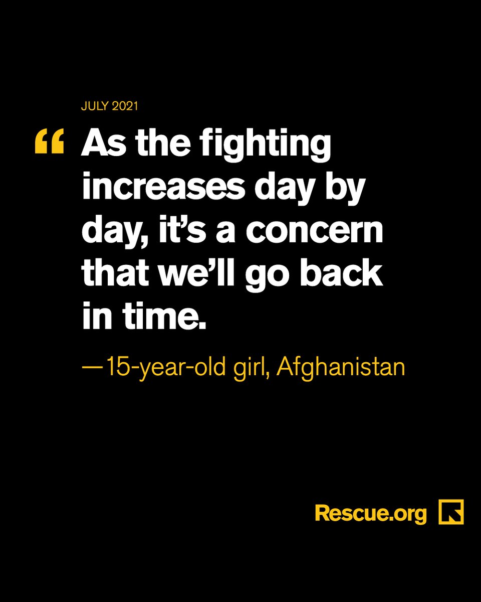 RESCUEorg's tweet photo. In July, @RESCUEorg spoke to teenage girls in #Afghanistan about their futures. Their words weigh heavy in light of the escalating violence, but we can’t turn our backs on them now. Here's how you can help people in #Afghanistan—including women and girls: https://t.co/ohSiBWoQtM https://t.co/6dG8eptsEl
