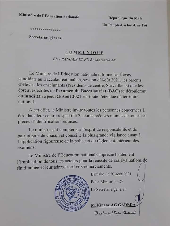 🛑COMMUNIQUE,Ministre de l'éducation #BAC
#Les épreuves écrites du #Baccalauréat commencent le lundi 23 août 2021 sur toute l'étendue du territoire national. 
Bonne chance à tous les candidats.

Sahel Média- SM