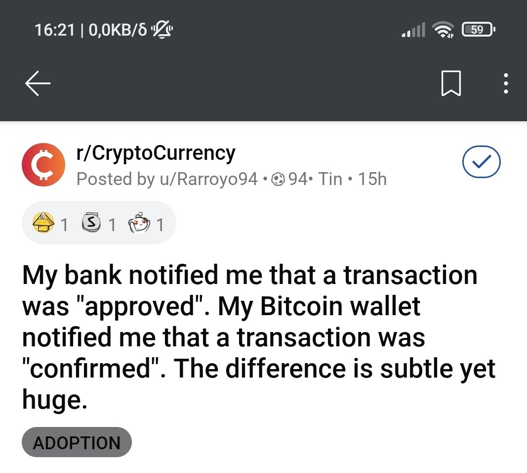 1moresol1's tweet image. @vpazopoulos ο πρώτο άνθρωπος που σκέφθηκα μόλις είδα αυτό.
Η σημασία της έννοιας σε μια συναλλαγή με ΔΙΚΆ  μου χρήματα, η τράπεζα  ενεκρινε την συναλλαγή ενώ το πορτοφόλι του btc  την επιβεβαίωσε. Η πράξη ειναι ίδια αλλά η σημασία είναι τέρμα διαφορετική.