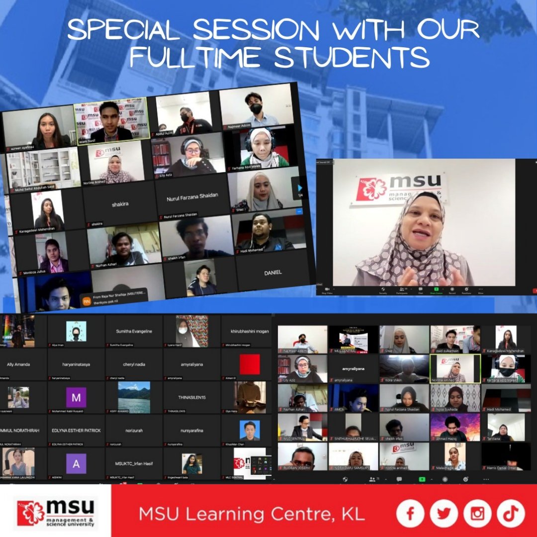 Week full of activities- Special session with our Fulltime students.
Preparing them with positive mindset and attitude for their coming final exam.
Stay connected and always be connected with your lecturers or mentor.
#proudmsurians❤️ 
#positivemindpositivelife 
@MSUmalaysia