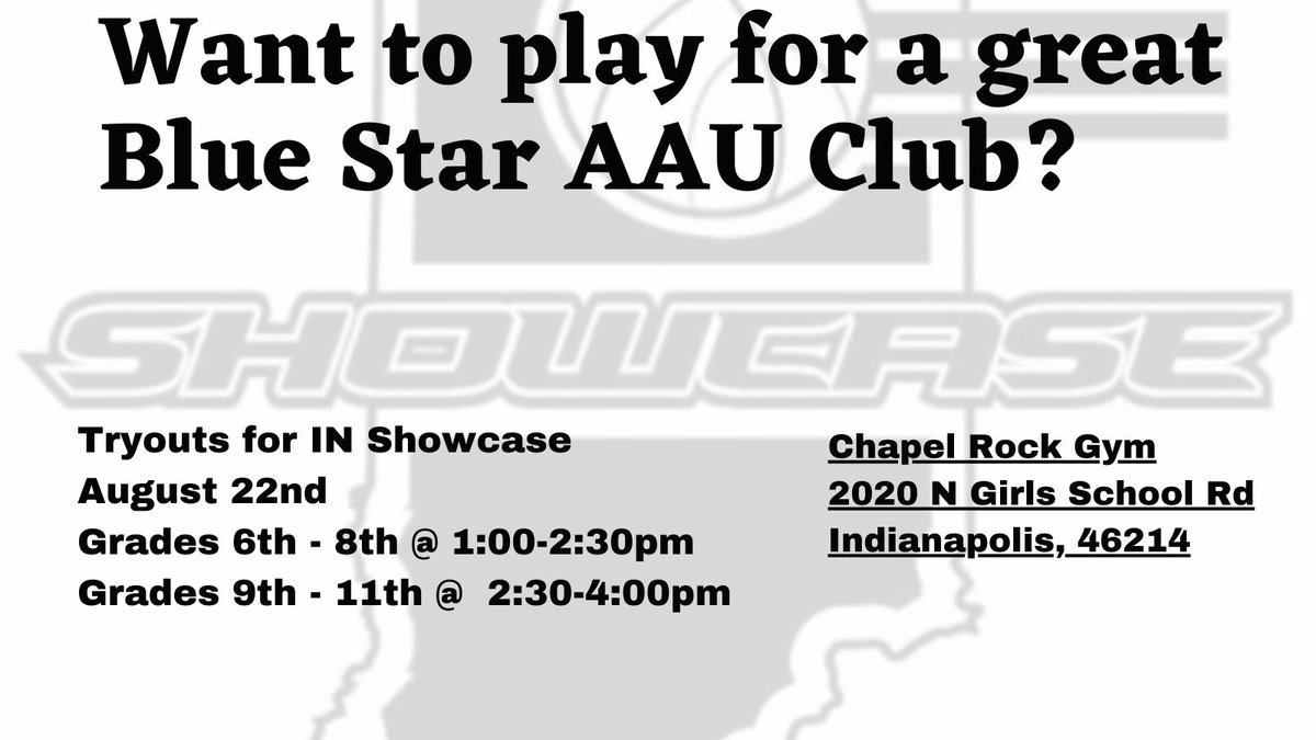 #ShowcaseBasketball #Tryouts

🏀 GBB ⛹🏻‍♀️ Sunday Aug 22nd 

📍Chapel Rock Gym
🔘 5th - 8th 1:00 - 2:30
🔘 9th - 11th 2:30 - 4:00
✔️ Register IN-Showcase.org

Players, Coaches and entire teams are welcome to join our #BlueStar #BSTTL &amp; <a href="/PGHCircuit/">Prep Girls Hoops Circuit 🏀</a> Program‼️