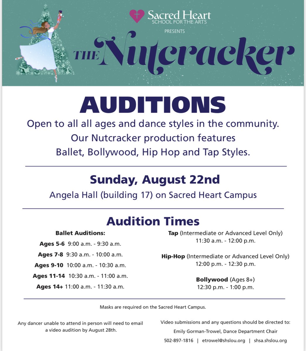 Don’t forget-Nutcracker auditions are Sunday! Come try out for ballet, Bollywood, hip hop and tap roles and be part of this holiday tradition! 🎄🐭👩‍🍳💂🏽‍♀️