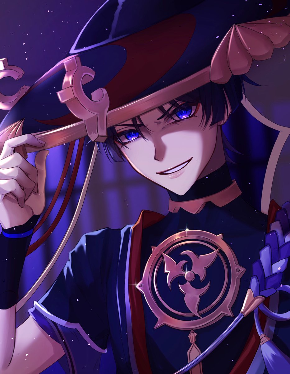 scaramouche (genshin impact) 1boy male focus hat solo jingasa smile looking at viewer  illustration images