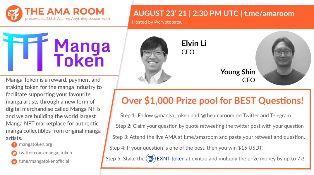 theamarom's tweet photo. Join @manga_token with your host @cryptopatsu for another #AMA 🔥

⌚️August 23 | MON | 14:30 UTC
💰Over $1000 #Prize Pool
✔ QUOTE RETWEET this WITH your question to qualify!
📍https://t.co/F6PYTiRmIL

#MangaxTheAMARoom $MANGA #AMARoom #Giveaway 

ℹ️ https://t.co/LemhQDePjW https://t.co/XsefSIYTo7
