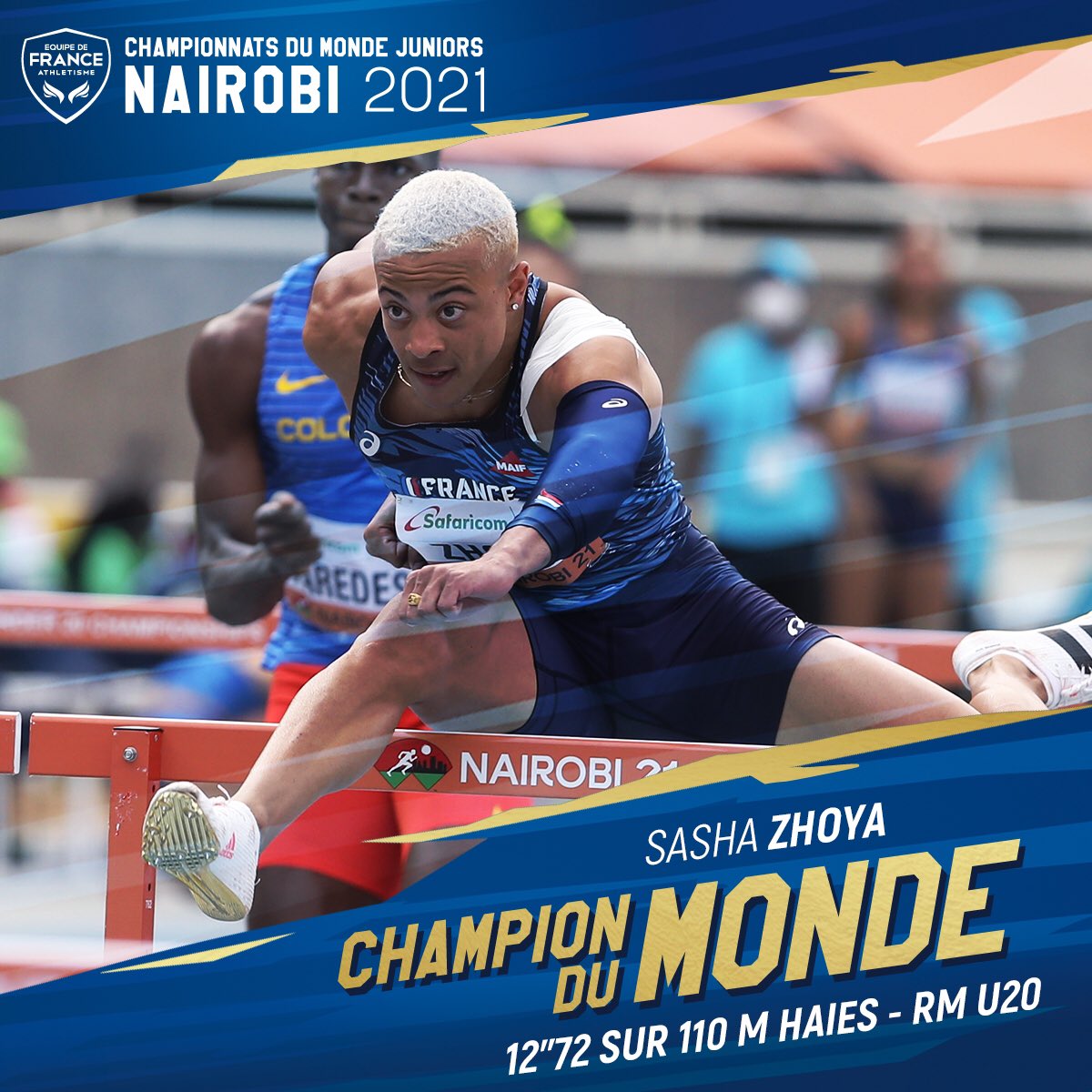 FFAthletisme's tweet image. 🔥 𝗣𝗛𝗘́𝗡𝗢𝗠𝗘́𝗡𝗔𝗟 !

🇫🇷 Sasha Zhoya a été sacré CHAMPION DU MONDE juniors du 110 m haies en 12’’72 (+1m/s), nouveau RECORD DU MONDE U20 !

💣 Entre le début et la fin des #WorldAthleticsU20, il a :

⏭ Abaissé le RM U20 de 27 centièmes 

⏭ Amélioré son RP de 3 dixièmes