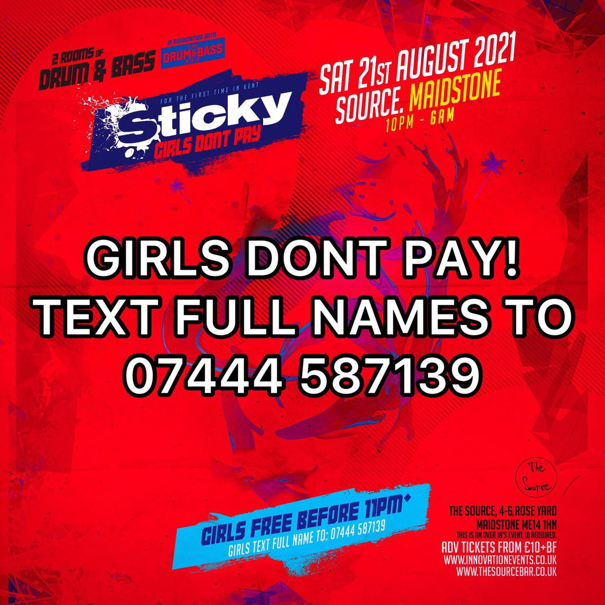Girl’s please note: WE ARE CLOSING THE LIST AT 6PM! Last few remaining tickets available at innovationevents.co.uk/product/sticky… £20 on the door! See you on the dance floor 
💦🎉💃💃🕺🏻 <a href="/innovationdnb/">Innovation Events</a> <a href="/ModiMotion/">Modified Motion</a> <a href="/shabbadan/">MC SHABBAD 🌟🌟🌟🌟🌟</a> <a href="/thednbbible/">The Drum & Bass Bible</a>