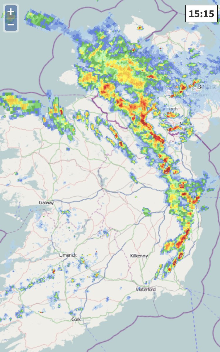 CarlowWeather's tweet photo. Thunderstorms hitting Eastern areas with Dublin in the firing line at present. Some nice sunny spells further West though. https://t.co/YpplxlEbrd